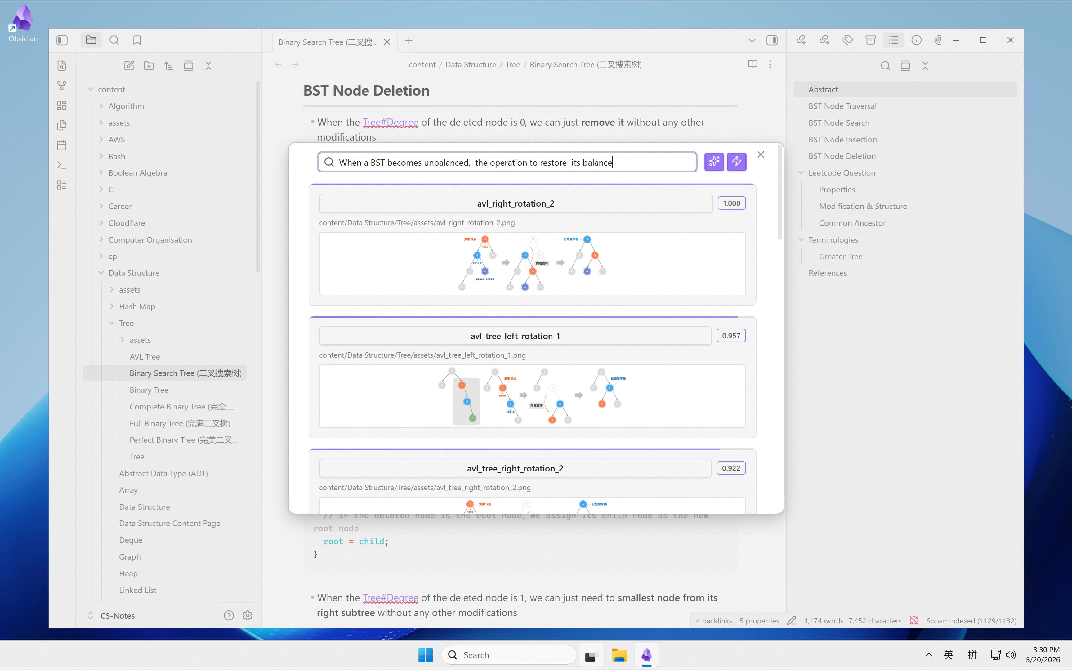 Semantic Note Finder surfacing the AVL rotation diagram
